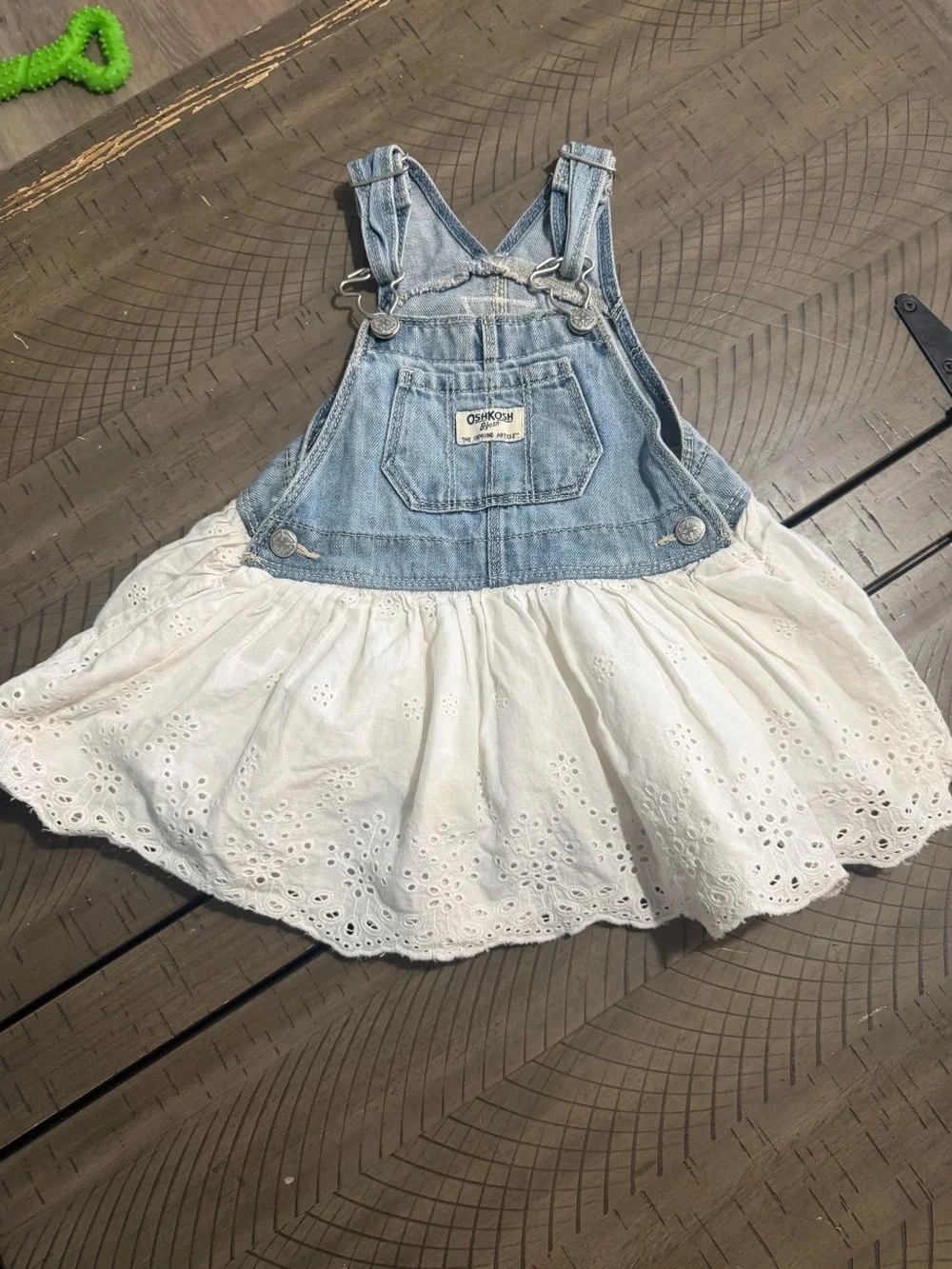 OshKosh B'gosh Light Blue Denim Overall Dress with White Eyelet Skirt